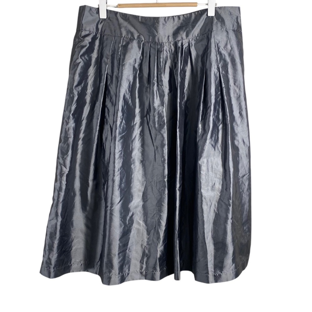 Worthington Metallic Silver Pleated Taffeta A-Line Midi Skirt Sz 14 Gunmetal